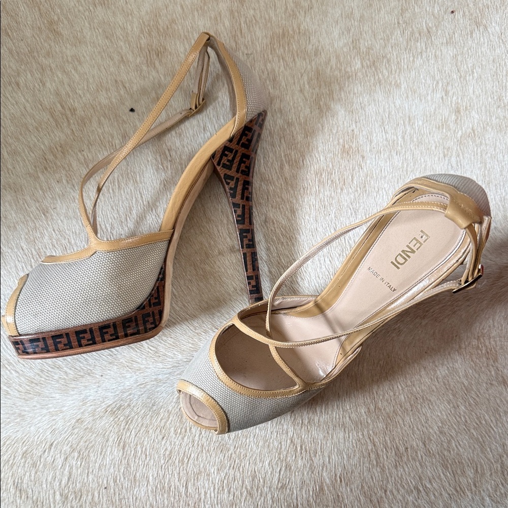Fendi Beige Zucca Strappy Platform Peep-Toe Heels with FF Logo Platform - Picture 5 of 13